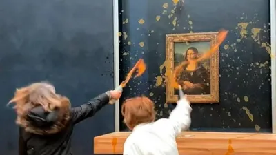 फ्रांस में मोना लिसा के पेंटिंग पs प्रदर्शनकारी फेंकले सूप  का बेकार हो गईल दा विंची के मेहनत 