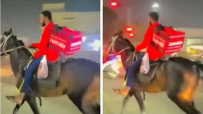 viral video  पेट्रोल पंप पs लागल रहे लंबा लाइन  बाइक छोड़ के घोड़ा पs सवार होके खाना देवे लागल डिलीवरी ब्वॉय
